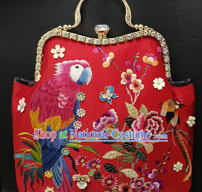 Chinese Traditional Embroidered Parrot Plum Handbag Handmade Embroidery Red Satin Bag for Women