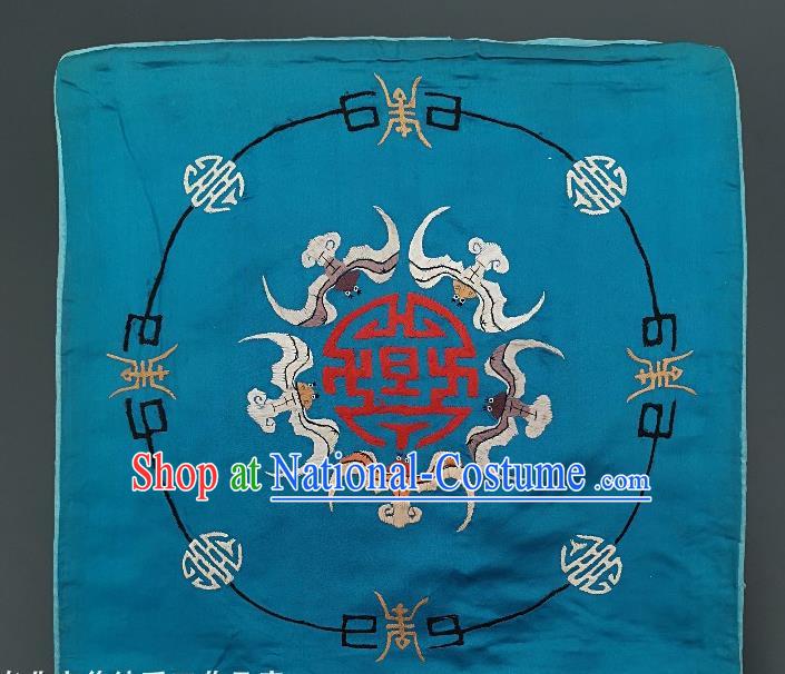 Traditional Chinese Embroidered Five Bats Fabric Patches Handmade Embroidery Craft Accessories Embroidering Blue Silk Cushion Applique