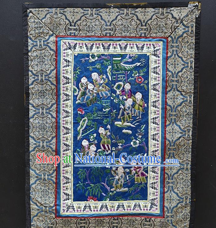 Chinese National Embroidered Boys Blue Silk Paintings Traditional Handmade Embroidery Craft Decorative Wall Picture