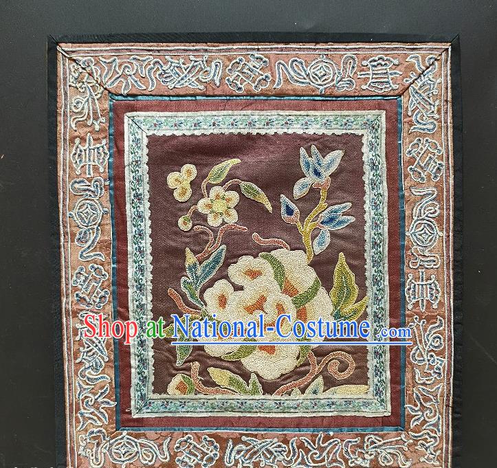 Chinese National Embroidered Peony Brown Silk Paintings Traditional Handmade Embroidery Craft Decorative Wall Picture