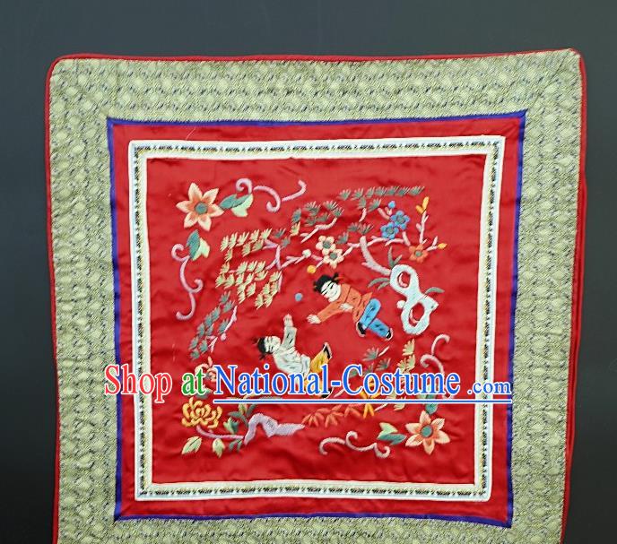 Chinese National Embroidered Red Paintings Traditional Handmade Embroidery Boys Craft Decorative White Silk Wall Picture