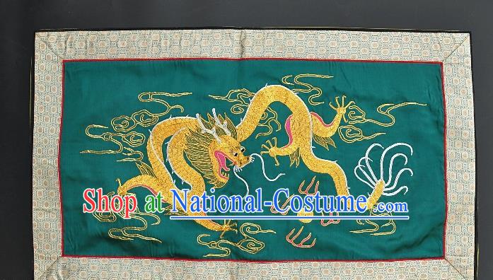 Chinese National Embroidered Golden Dragon Wall Paintings Traditional Handmade Embroidery Craft Decorative Green Silk Picture