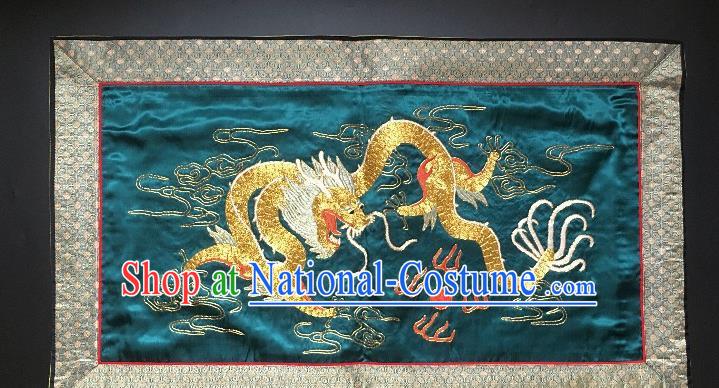 Chinese National Embroidered Fire Dragon Wall Paintings Traditional Handmade Embroidery Craft Decorative Green Silk Picture