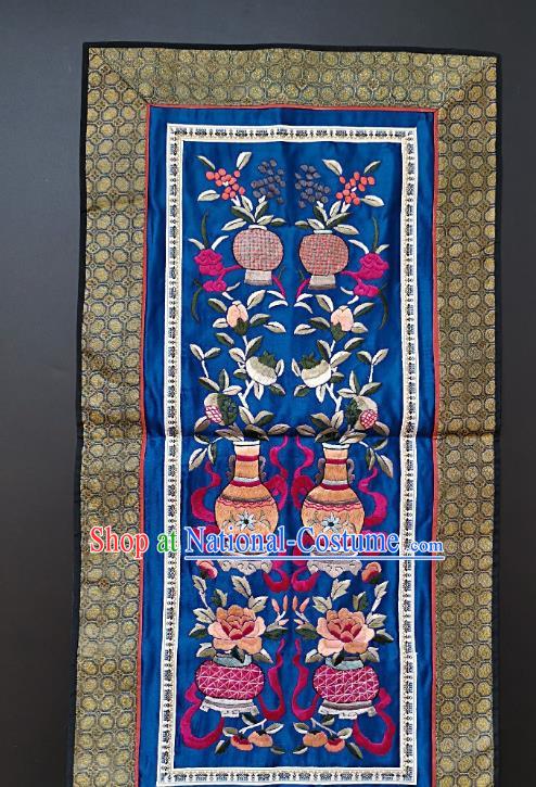 Chinese National Embroidered Flowers Vase Paintings Traditional Handmade Embroidery Decorative Royalblue Silk Picture Craft