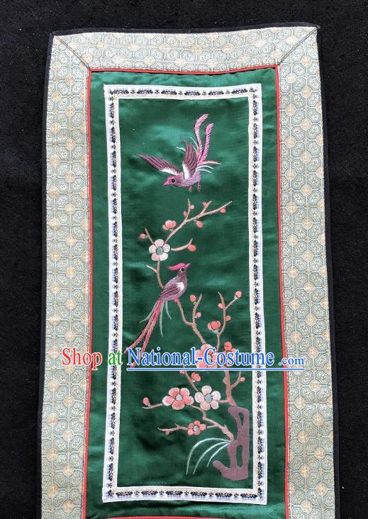 Chinese National Embroidered Plum Blossom Bird Paintings Traditional Handmade Embroidery Decorative Green Silk Picture Craft