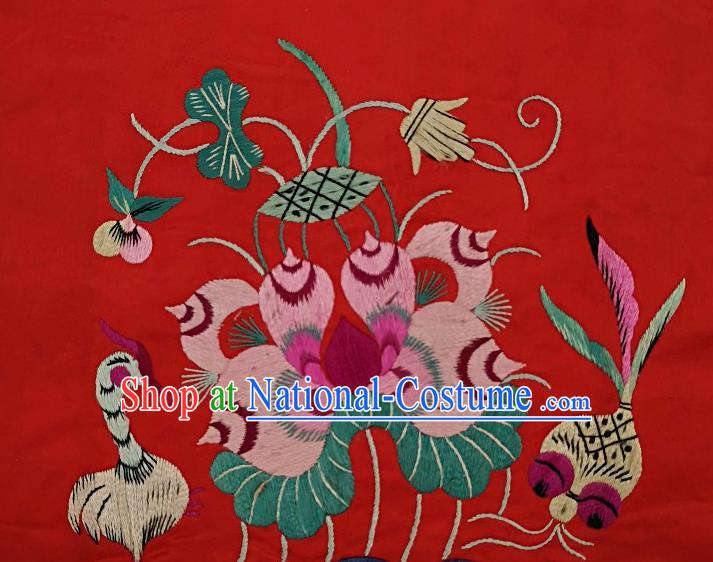 Traditional Chinese Embroidered Lotus Goldfish Red Silk Fabric Patches Handmade Embroidery Craft Accessories Embroidering Dress Applique