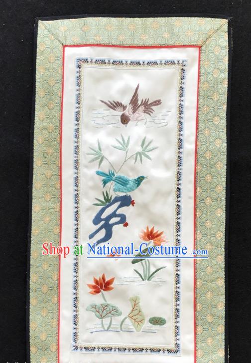 Chinese National Embroidered Bamboo Lotus Paintings Traditional Handmade Embroidery Decorative White Silk Picture Craft