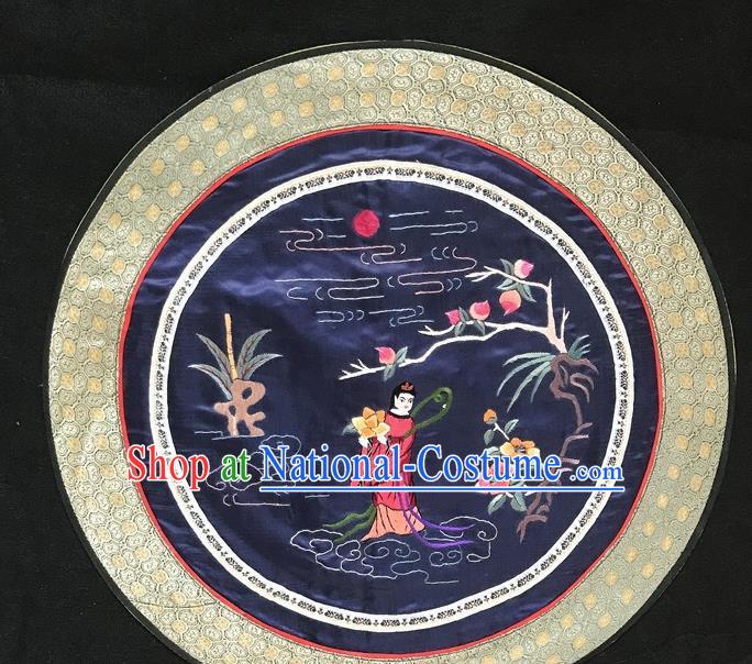 Chinese National Embroidered Goddess Ma Gu Round Paintings Traditional Handmade Embroidery Decorative Navy Silk Picture Craft