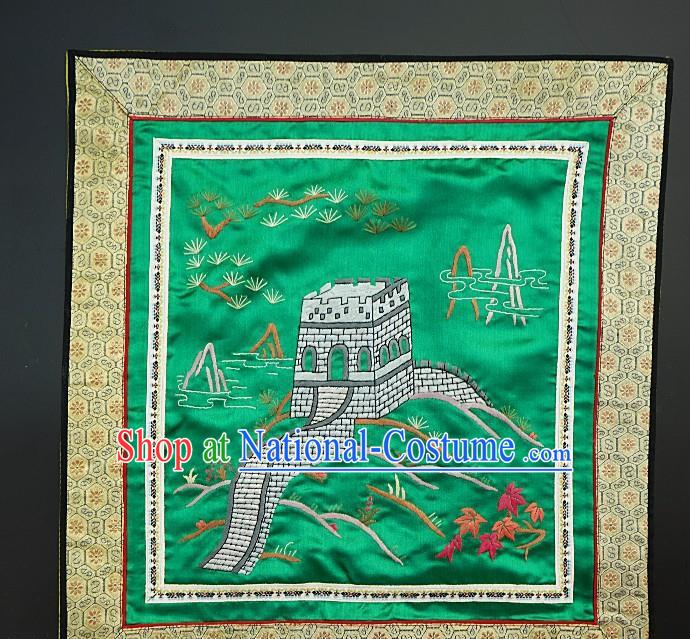 Traditional Chinese Embroidered The Great Wall Green Silk Plate Mat Handmade Embroidering Dress Applique Embroidery Fabric Patches Accessories