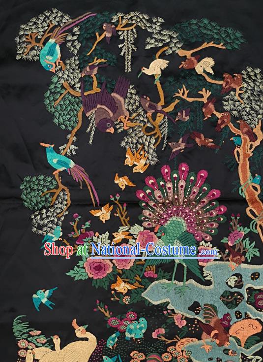 Traditional Chinese Embroidered Peacock Birds Fabric Hand Embroidering Dress Applique Embroidery Black Silk Patches Accessories