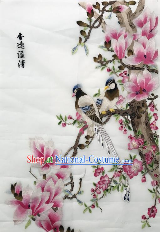 Traditional Chinese Embroidered Birds Pink Magnolia Fabric Hand Embroidering Dress Applique Embroidery Silk Patches Accessories