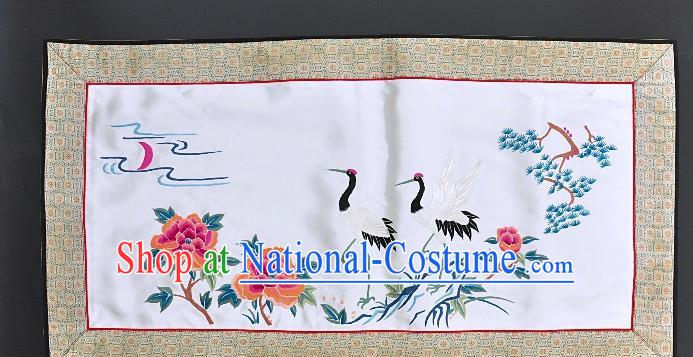 Chinese National Embroidered Crane Peony White Silk Paintings Traditional Handmade Embroidery Craft Decorative Wall Picture