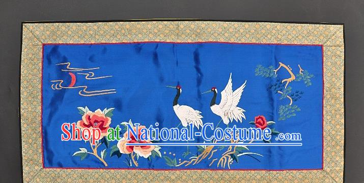 Chinese National Embroidered Crane Peony Royalblue Silk Paintings Traditional Handmade Embroidery Craft Decorative Wall Picture