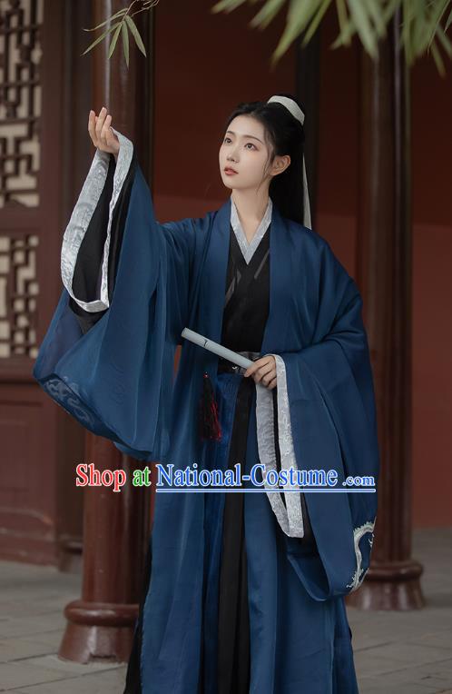 Chinese Jin Dynasty Scholar Childe Costumes Traditional Ancient Swordsman Hanfu Garment Navy Cloak Shirt and Skirt for Men