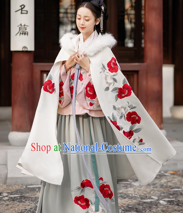 Chinese Ming Dynasty Noble Lady Costumes Traditional Ancient Princess Hanfu Garment Embroidered Short Cape Blouse and Skirt Full Set