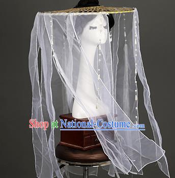 Chinese Traditional Ancient Swordswoman Headwear Handmade Princess Hanfu White Chiffon Veil Bamboo Hat