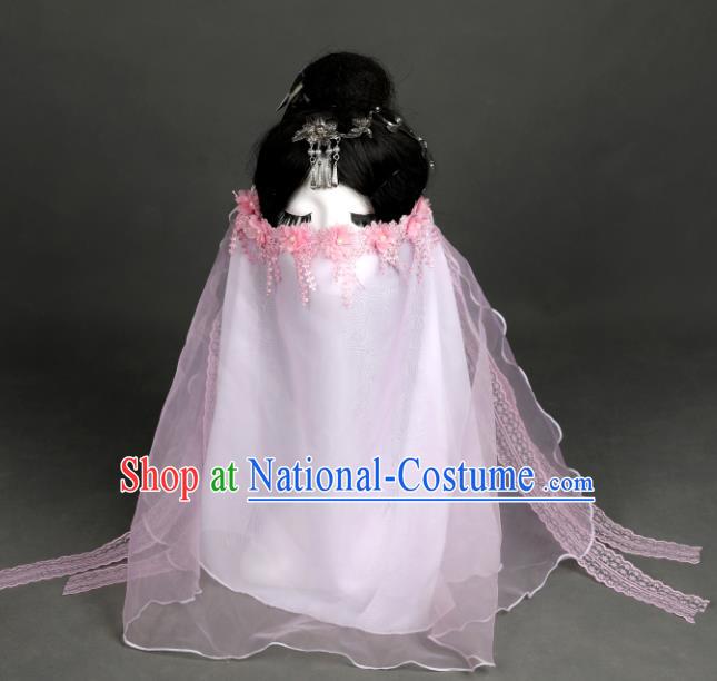 Chinese Traditional Ancient Swordswoman Pink Flowers Mask Headwear Handmade Princess Hanfu Face Veil