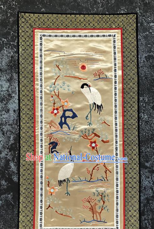 Chinese National Embroidered Pine Cranes Champagne Silk Paintings Traditional Handmade Embroidery Decorative Picture Craft