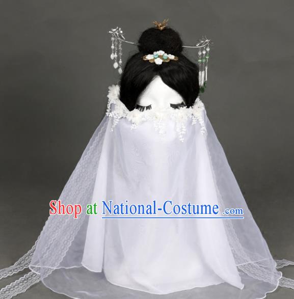 Chinese Traditional Ancient Swordswoman White Flowers Mask Headwear Handmade Princess Hanfu Face Veil