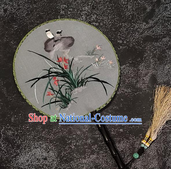 Chinese Traditional Silk Palace Fans Handmade Embroidered Orchid Round Fan Embroidery Craft