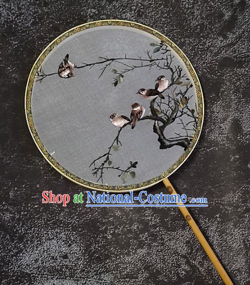 Chinese Traditional Embroidery Birds Palace Fans Handmade Embroidered Mottled Bamboo Round Fan Silk Craft