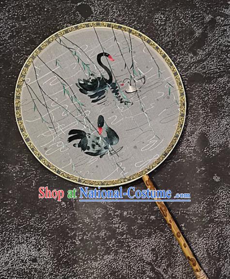 Chinese Traditional Embroidery Swan Palace Fans Handmade Mottled Bamboo Round Fan Embroidered Silk Craft