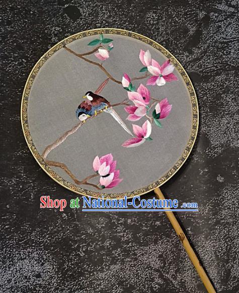 Chinese Traditional Embroidery Mangnolia Birds Palace Fans Handmade Mottled Bamboo Round Fan Embroidered Silk Fan Craft