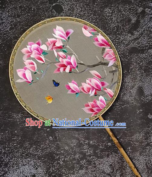 Chinese Traditional Embroidery Mangnolia Butterfly Palace Fans Handmade Mottled Bamboo Round Fan Embroidered Silk Fan Craft