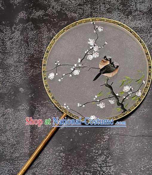 Chinese Traditional Embroidery Grackles Palace Fans Handmade Mottled Bamboo Round Fan Embroidered Plum Silk Fan Craft