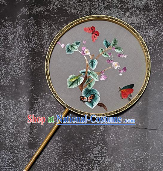 Chinese Traditional Embroidery Flowers Palace Fans Handmade Mottled Bamboo Round Fan Embroidered Butterfly Silk Fan Craft