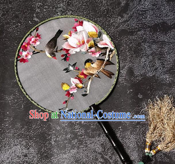 Chinese Traditional Embroidery Yulan Magnolia Palace Fans Handmade Round Fan Embroidered Birds Silk Fan Craft