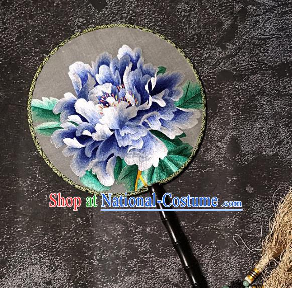 Chinese Traditional Embroidery Blue Peony Palace Fans Handmade Round Fan Embroidered Silk Fan Craft