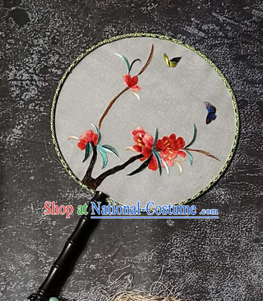 Chinese Traditional Embroidery Red Flower Palace Fans Handmade Round Fan Embroidered Silk Fan Craft