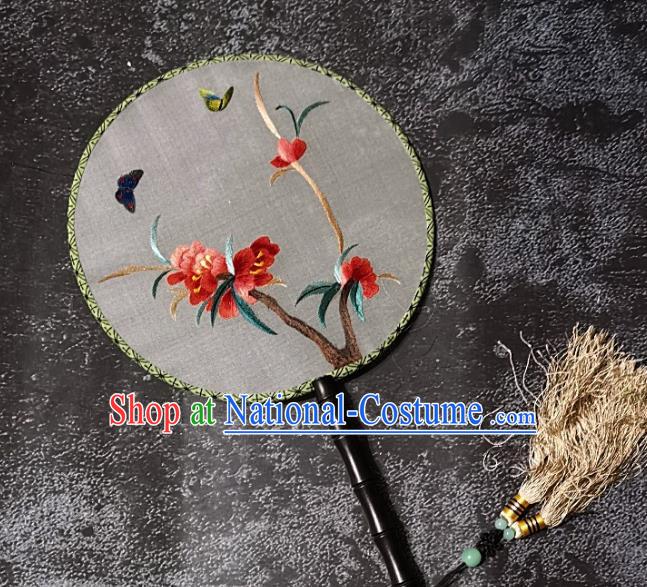 Chinese Traditional Embroidery Red Flower Palace Fans Handmade Round Fan Embroidered Silk Fan Craft