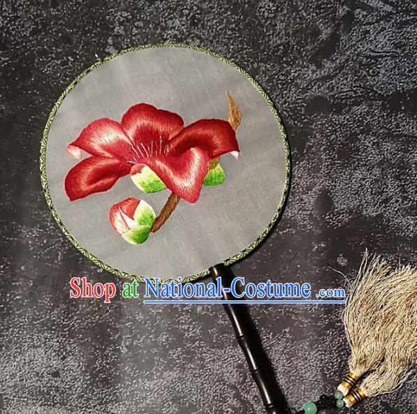 Chinese Traditional Embroidery Palace Fans Handmade Round Fan Embroidered Red Flower Silk Fan Craft