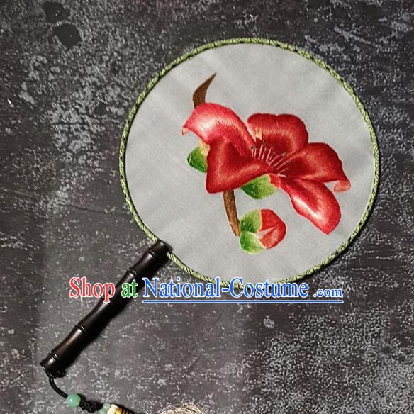 Chinese Traditional Embroidery Palace Fans Handmade Round Fan Embroidered Red Flower Silk Fan Craft