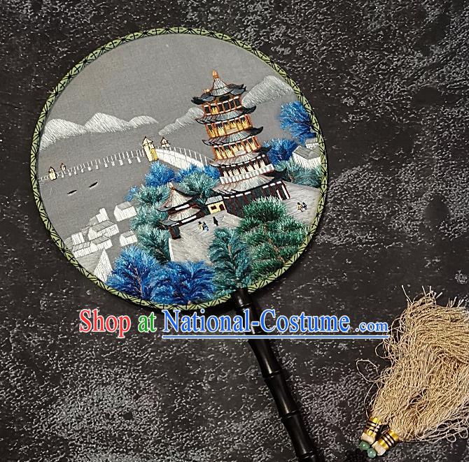 Chinese Traditional Double Sizes Embroidered Palace Fans Handmade Embroidery Leifeng Pagoda Round Fan Silk Fan Craft