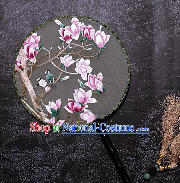 Chinese Traditional Embroidered Palace Fans Handmade Embroidery Pink Magnolia Round Fan Silk Fan Craft