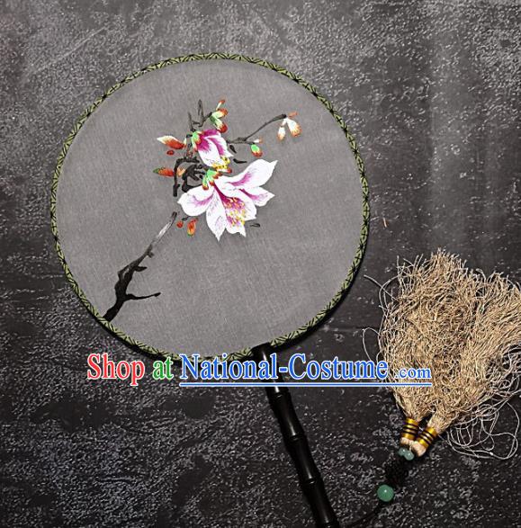 Chinese Traditional Embroidered Palace Fans Handmade Embroidery Yulan Magnolia Round Fan Silk Fan Craft