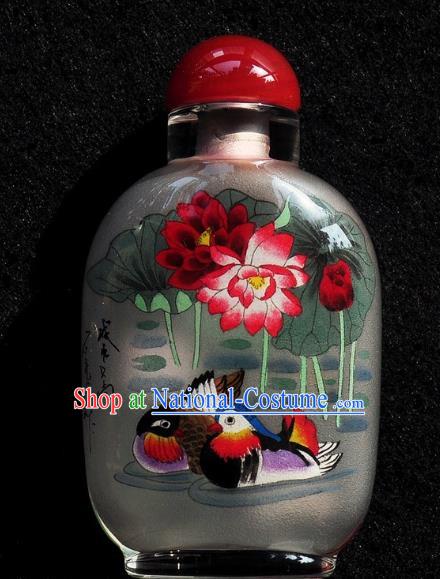 Chinese Handmade Snuff Bottle Traditional Inside Painting Mandarin Duck Lotus Snuff Bottles Artware