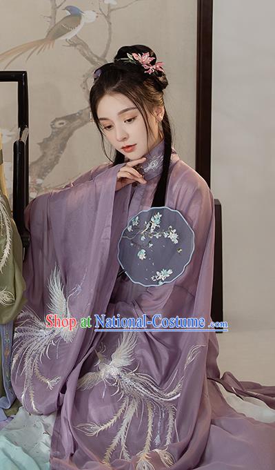 Chinese Ming Dynasty Noble Lady Costumes Traditional Ancient Princess Garment Hanfu Embroidered Purple Blouse and Skirt Complete Set