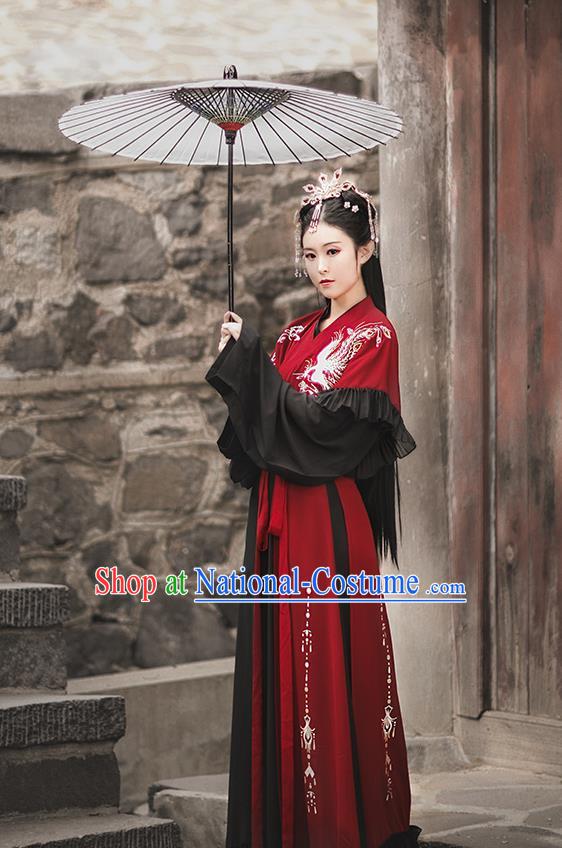 Chinese Jin Dynasty Royal Princess Embroidered Costumes Traditional Ancient Swordswoman Garment Hanfu Dress Red Blouse and Skirt Full Set