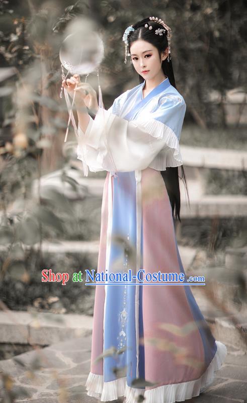 Traditional Chinese Jin Dynasty Embroidered Costumes Ancient Royal Princess Hanfu Dress Blue Half Sleeve Garment Blouse and Skirt Complete Set