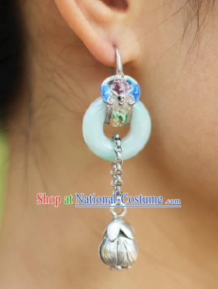 Chinese Handmade Blueing Silver Ear Accessories Traditional Jade Peace Buckle Earrings for Women