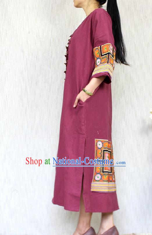 Traditional Chinese Embroidered Wine Red Flax Dust Coat National Costume Tang Suit Overcoat for Women