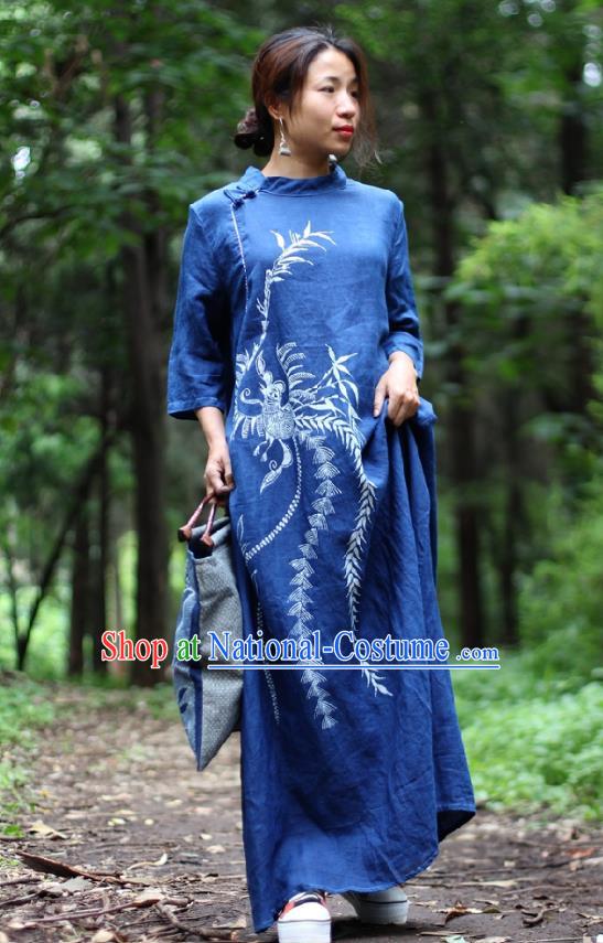 Traditional Chinese Hand Painting Phoenix Qipao Dress National Costume Tang Suit Blue Flax Cheongsam for Women