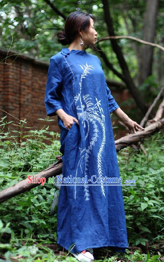 Traditional Chinese Hand Painting Phoenix Qipao Dress National Costume Tang Suit Blue Flax Cheongsam for Women