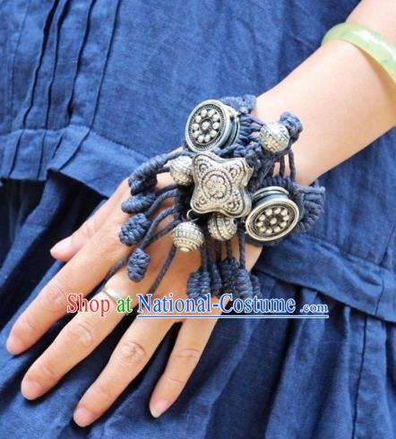 Chinese Handmade Miao Ethnic Sennit Accessories Traditional Minority Stage Show Silver Bracelet for Women