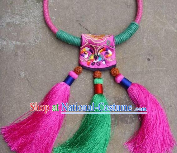 Chinese Handmade Miao Nationality Embroidered Tassel Necklace Traditional Minority Ethnic Necklet Accessories for Women