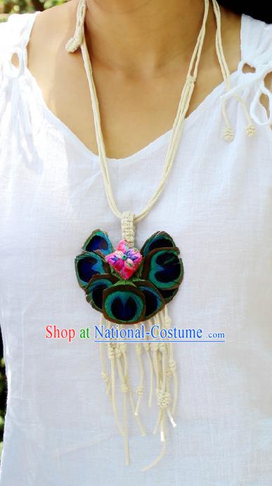 Chinese Handmade Miao Nationality Embroidered Necklace Traditional Minority Ethnic Peacock Feather Necklet Accessories for Women